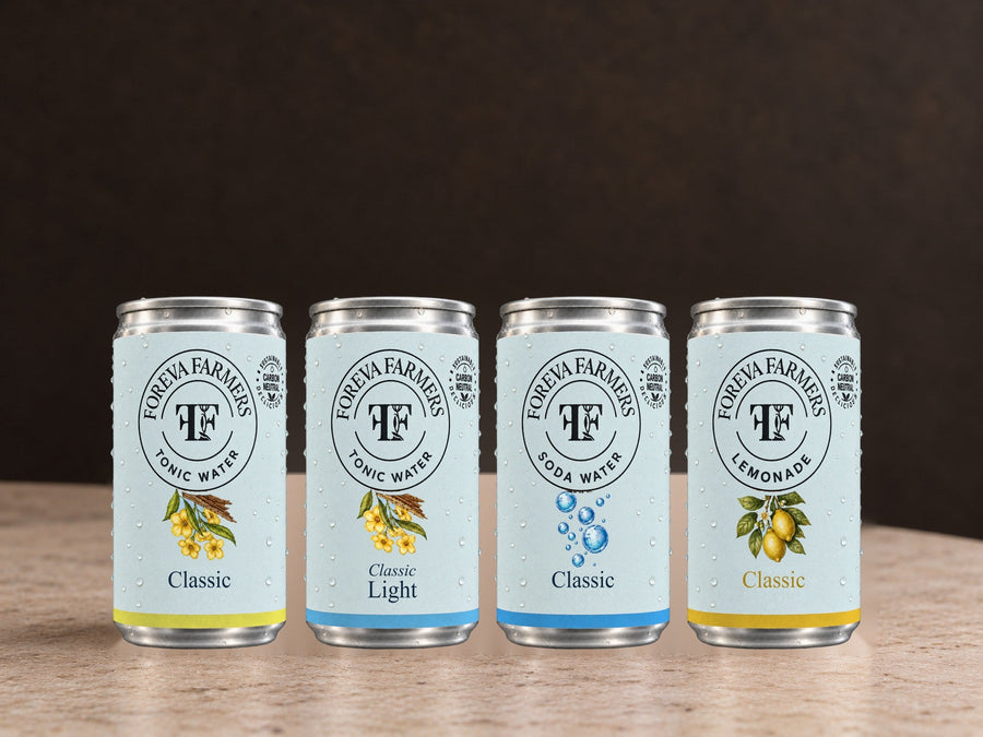 Foreva Farmers tonic water, soda water and lemonade cans