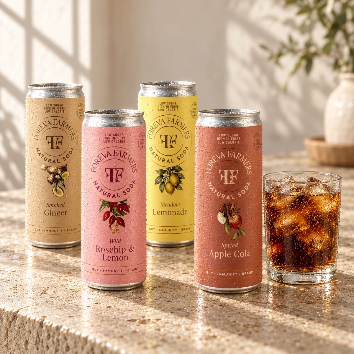 24 natural sodas with 6g of fibre a can